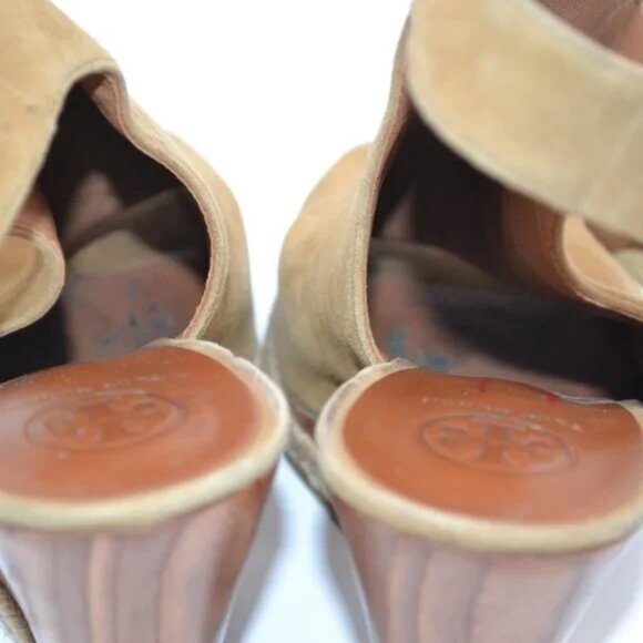 Tory Burch Tan Suede Leather Open Peep Toe Wood Wedge Slingback Heels Sandals 8 - Picture 13 of 14